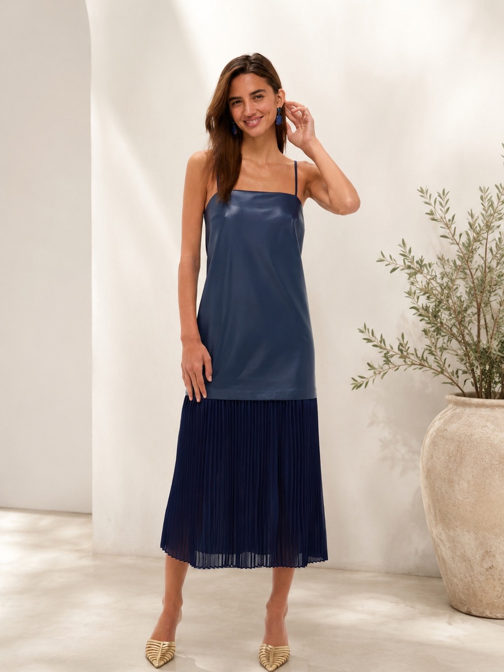 NWT Hyacinth House Mixed Media Faux Leather Pleated Midi Dress Navy Small